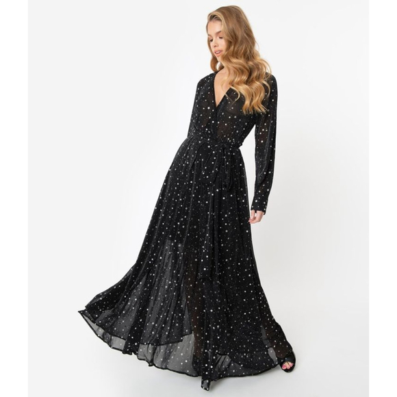 Unique Vintage Dresses & Skirts - Unique Vintage Celestial Dream Gown Black Silver Star Maxi Dress L